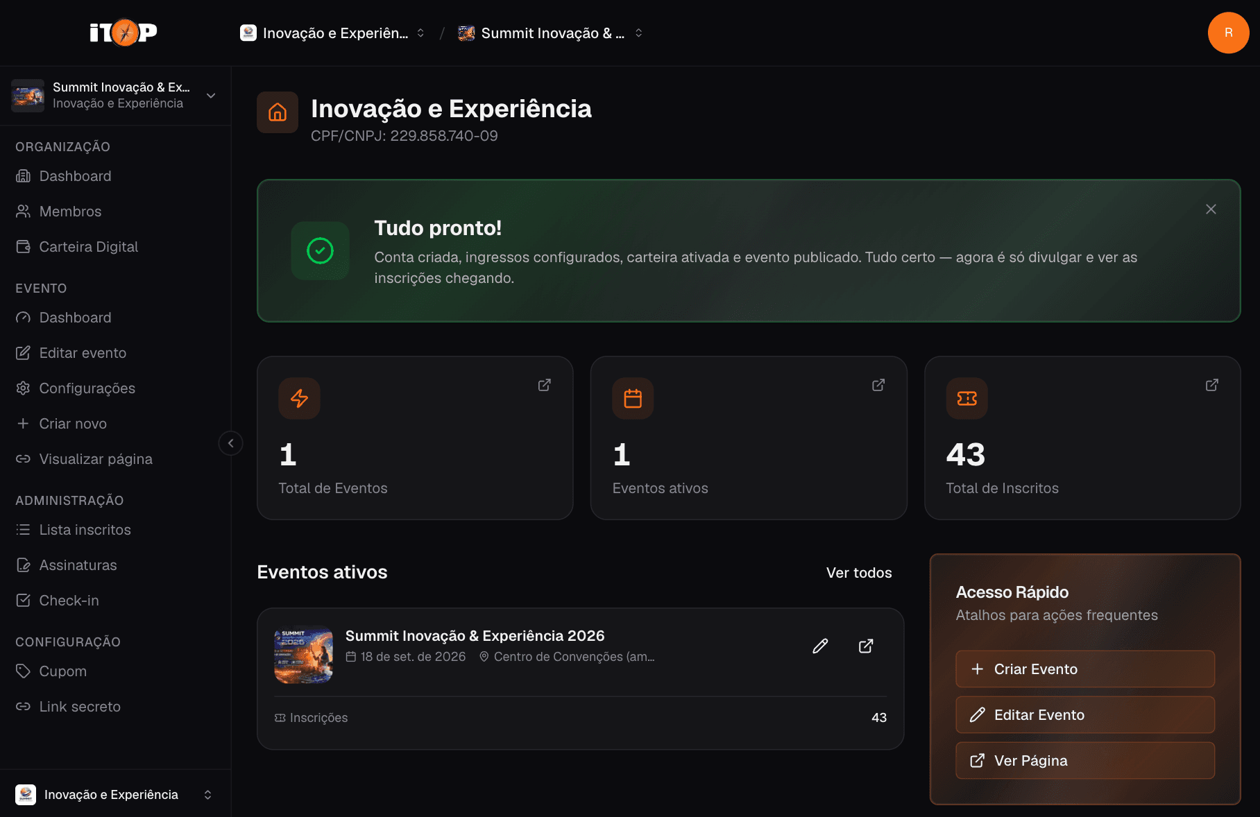Painel de controle do iTOP — vendas, ingressos e check-in